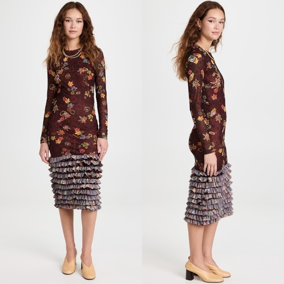 🆕 MOLLY GODDARD Nanette Floral Printed Mesh Midi Dress Brown Sz 8 US - Picture 8 of 8